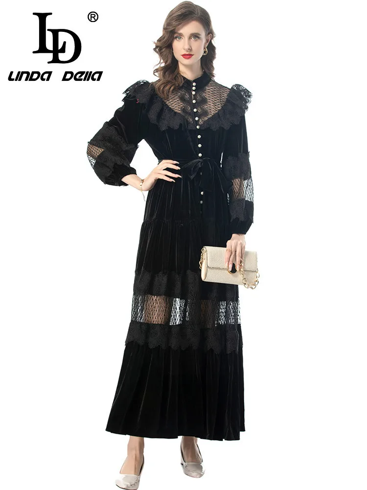 

LD LINDA DELLA Summer Runway Vacation Dress Women's Vintage Lace Net Yarn Pearls Hollow Out Sashes Temperament Long Dresses