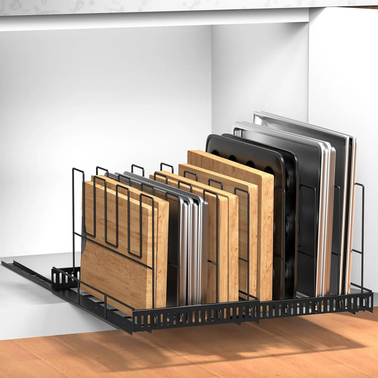 

Expandable Baking Tray Organizer with Adjustable Dividers, Black Storage Rack for Cabinet