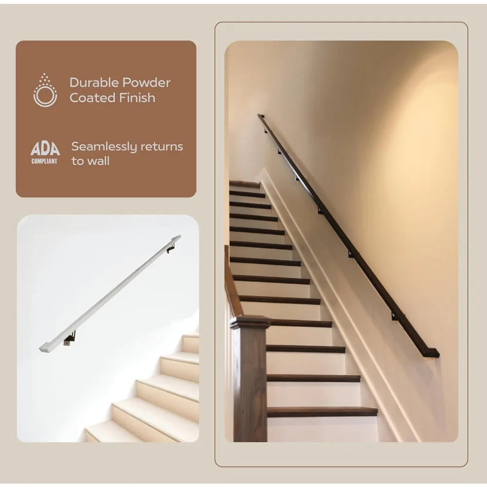 

Modern Aluminum Handrail Grab Bar Kit, Adjustable Steel Brackets Included, Returns to Wall, Powder Coated Finish