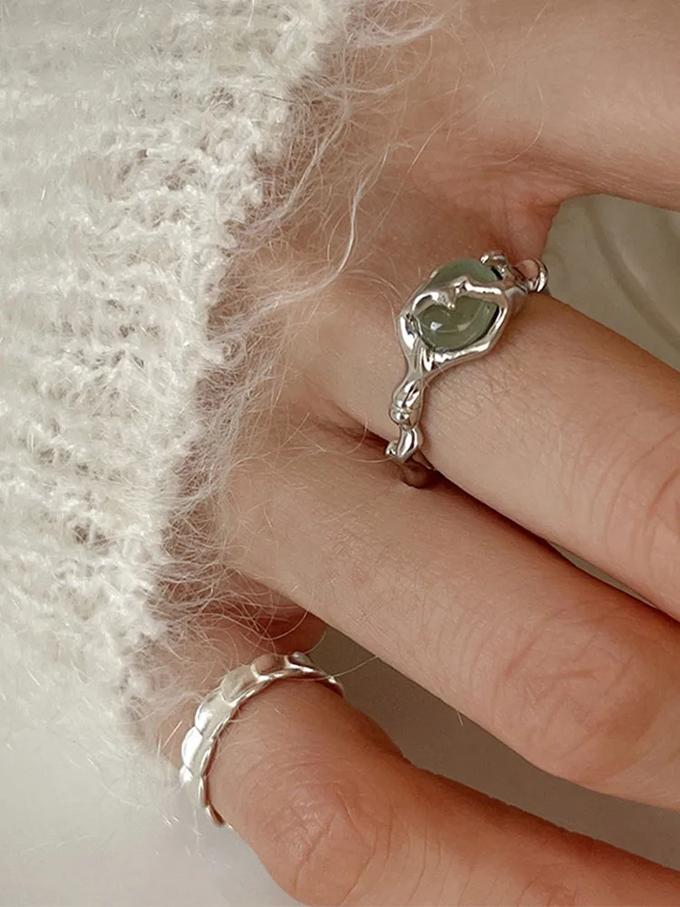 925 Sterling Silber vergoldet Flüssigkeit Lava Hetian Jade Bambus Ring für Frauen Mädchen Geschenk Unregelmäßigen Vintage-Schmuck Dropshipping