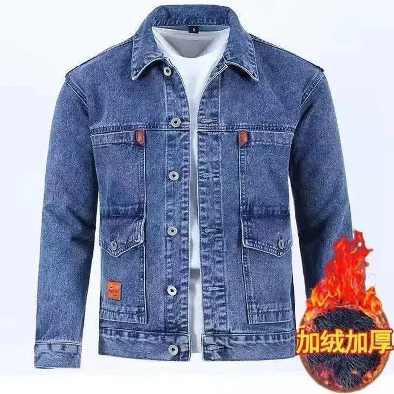 Jaket Denim klasik Semua cocok pria, jaket Denim bulu tebal hangat kualitas tinggi musim gugur dan musim dingin S-5XL