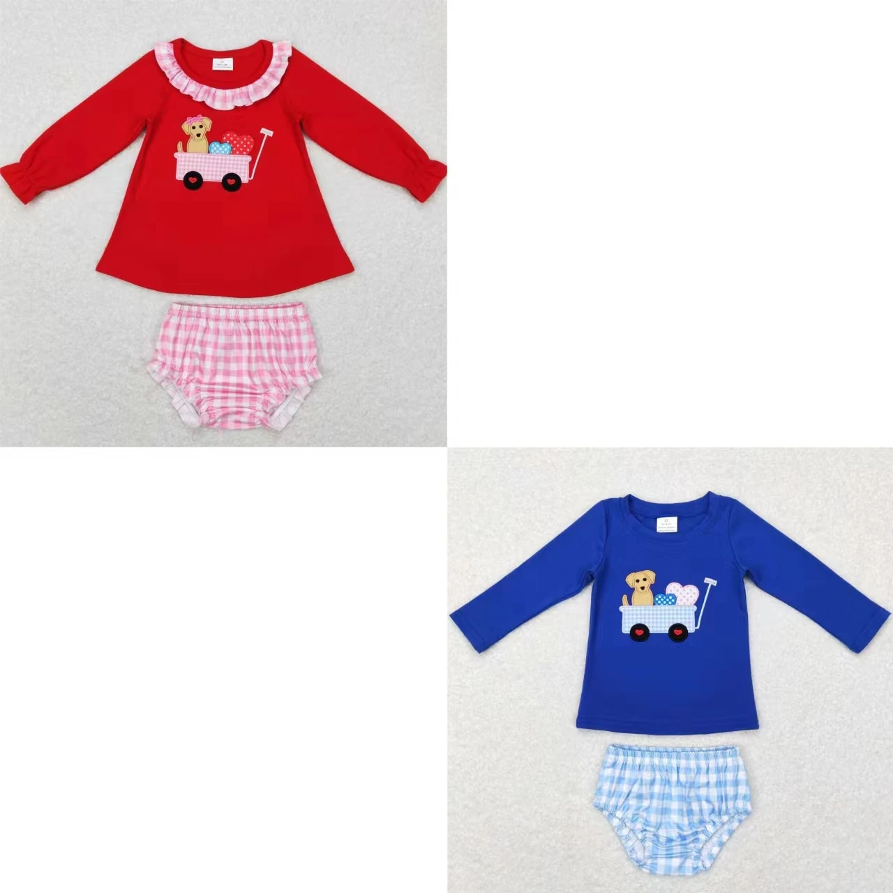 

Kids Valentine's Outfit Long Sleeves Cotton Shirt Plaid Bummie Shorts Infant Children Boy Girl Embroidery Dog Heart Toddler Set