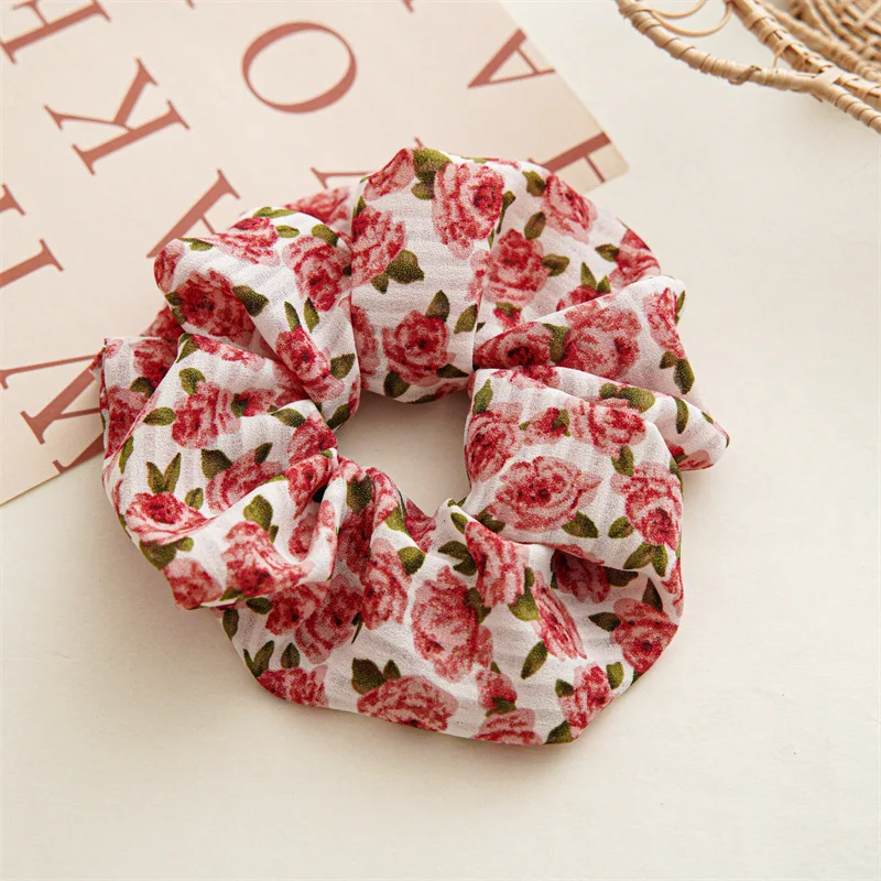 DIY Sweet Chiffon Rose Flower Print Elastic Hair Bands Romantic Pink Red Floral Hair Scrunchie Women Rubber Band Ponytail Holder