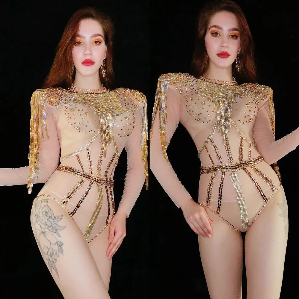 shiny mesh gogo lead dance singer costume Women party girl nightclub bar stage dance wear Golden jumpsuit