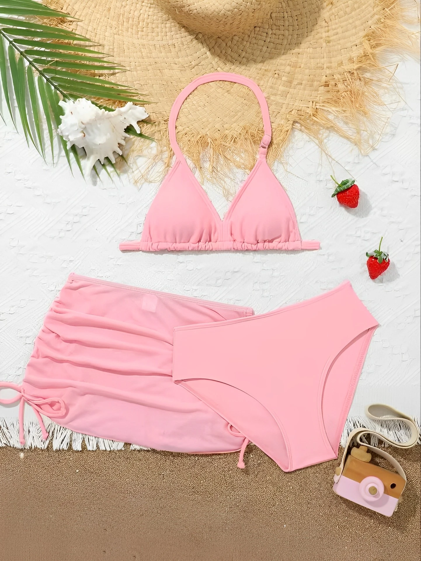 Bikini con cuello Halter de 3 piezas para niñas, traje de baño de cintura alta para niños y falda para la playa, traje de baño rosa para nadar para niños 2025