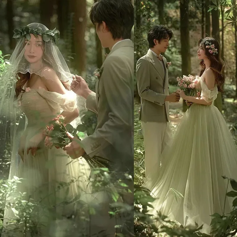 Forest Department Travel Photography Green Color Dress Princess Style Romantic Wedding Photo Theme Photography Wedding Dress