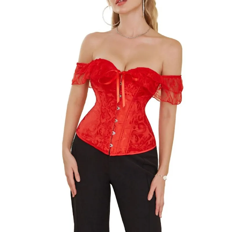 

Women's Lace One-shoulder Corset with Mesh Short Sleeve Red Vintage Bustier Date Party Bar Wear Plus Size Corsets Costumes
