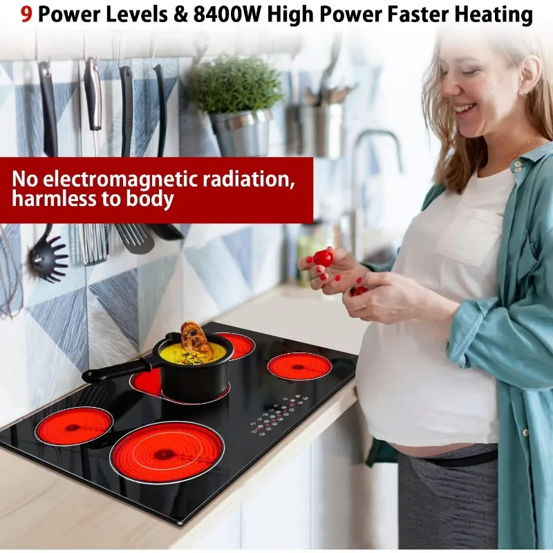 Noxton Cooktop listrik 30 inci 5 pembakar, atasan kompor listrik keramik tanam dengan Sensor kontrol sentuh