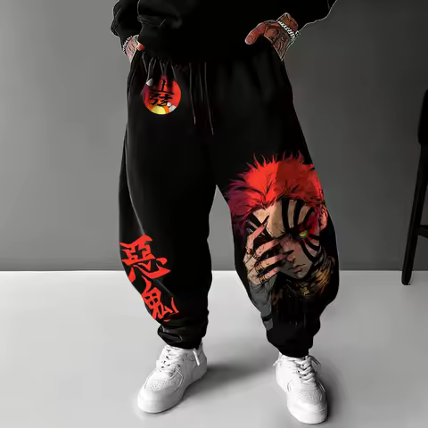 New Demon Slayer Anime Akaza Super Cool Sweatpants Autumn and Winter Men's Loose Casual Japanese Harajuku Pure Cotton Pants