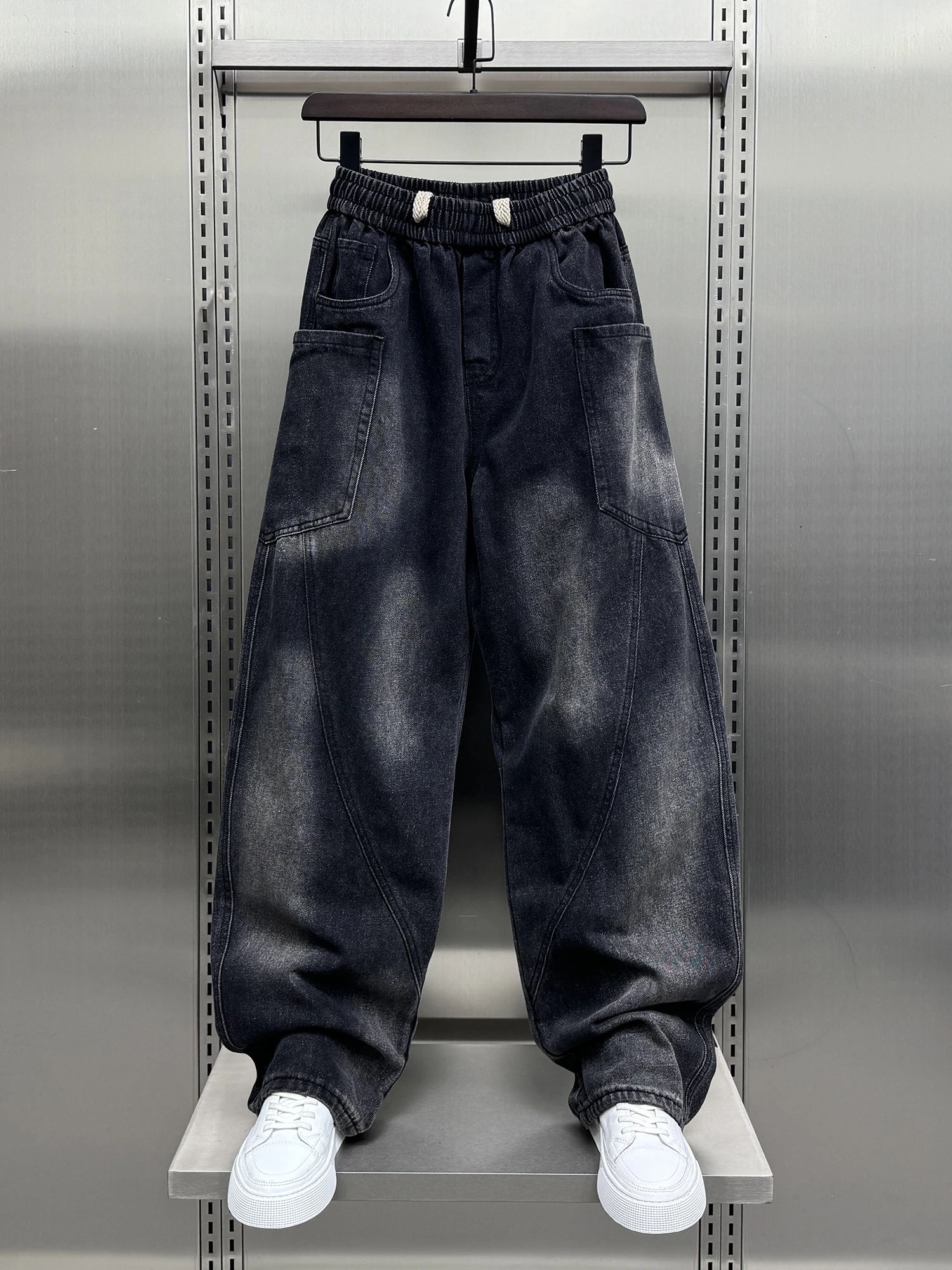

Trendy American Vintage Washed Men's Denim Jeans Spring New Korean Version Patchwork Wide Leg Workwear Casual Loose Fit