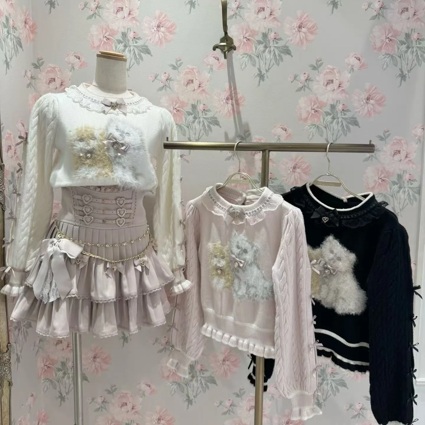 النمط الياباني ليز لطيف القط رقيق لينة البلوز متماسكة سترة الخريف الشتاء جديد الحلو فتاة طويلة الأكمام أنيقة لوليتا سترة