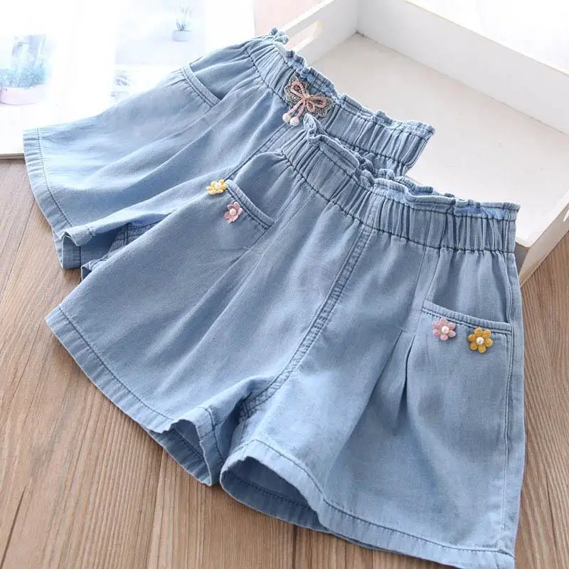 

Baby Girl Bow Denim Short Pants Summer Outfit New Children's Clothing Cotton Thin Pants Loose Blue Trousers Elastic Waist Casual