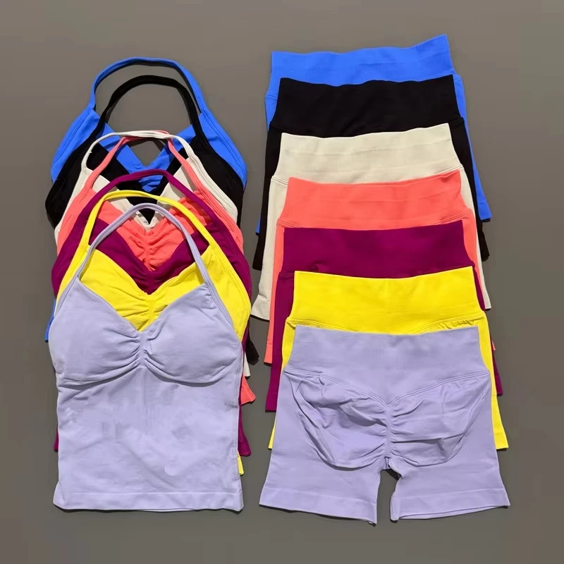 2 قطع النساء اليوغا مجموعة سلس تأثير الخطوط الطويلة Strappy تانك القمم Scrunch السراويل الرياضية الصالة الرياضية ملابس امرأة الصيف تجريب الزي #1