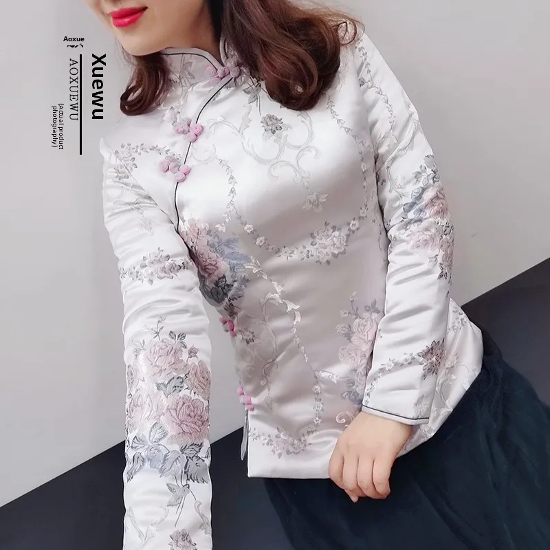 

Aoxue House Original Retro Sle High End Slimming Top Cotton Warmth Insertion Women's Autumn Winter Tang Suit Cott...