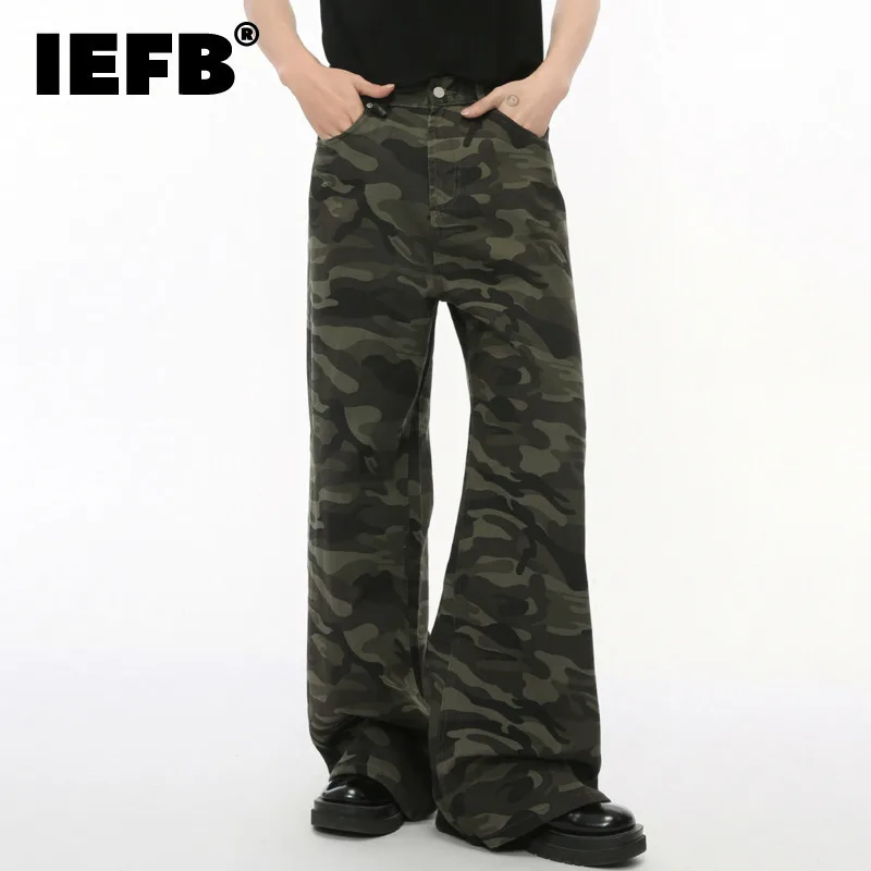 Iefb vintage camuflagem calças de brim masculinas moda lavada casual perna larga calças jeans outono inverno solto calças masculinas velho azul 9c354