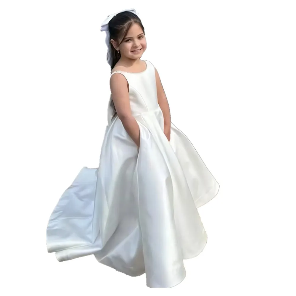 فستان زفاف أنيق مخصص لفتاة الزهور من الساتان بدون أكمام مع فيونكة للأطفال فستان حفلات التواصل الأول #6