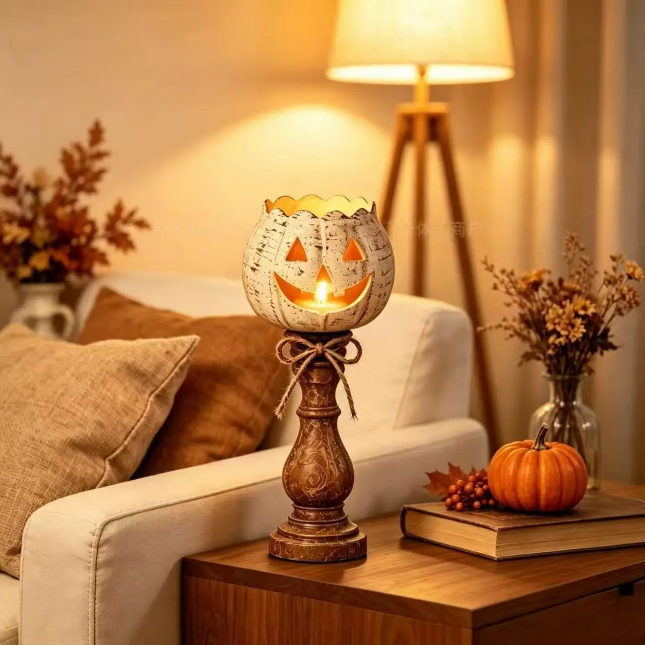 Halloween Jack O Lantern Resin Pumpkin Candlestick Rustic White Pumpkin Tealight Candle Holder Halloween Decoration Ornament