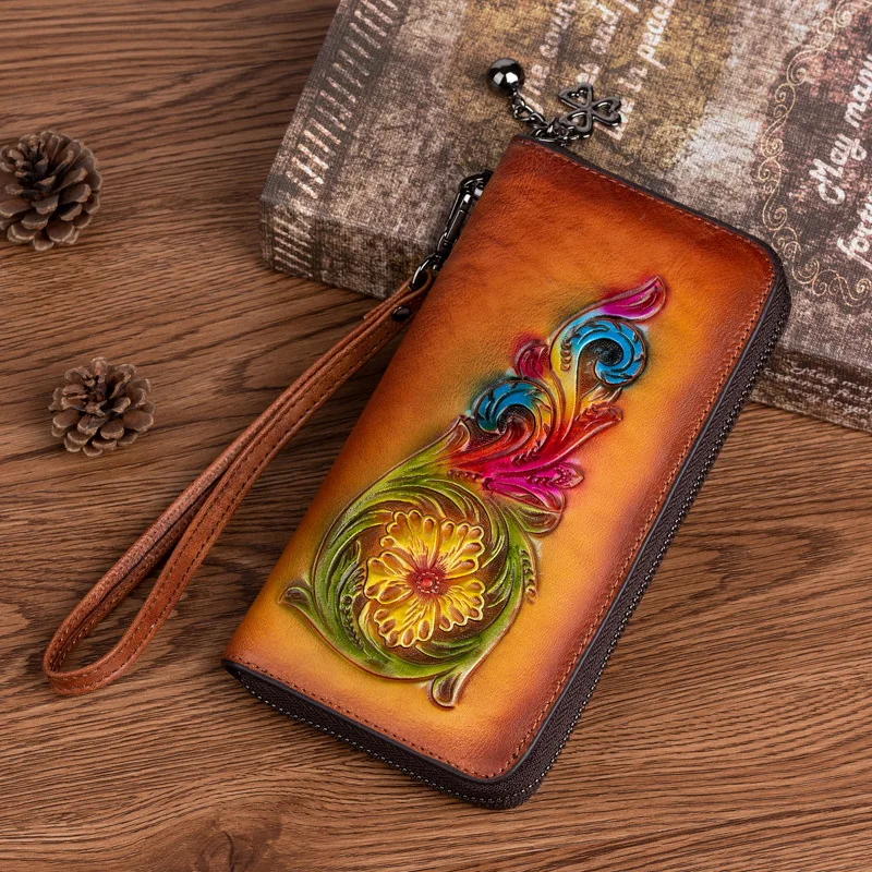 First layer of cowhine long ladies hand embosed color retro fashion large-capacity mobile phone storage wallet