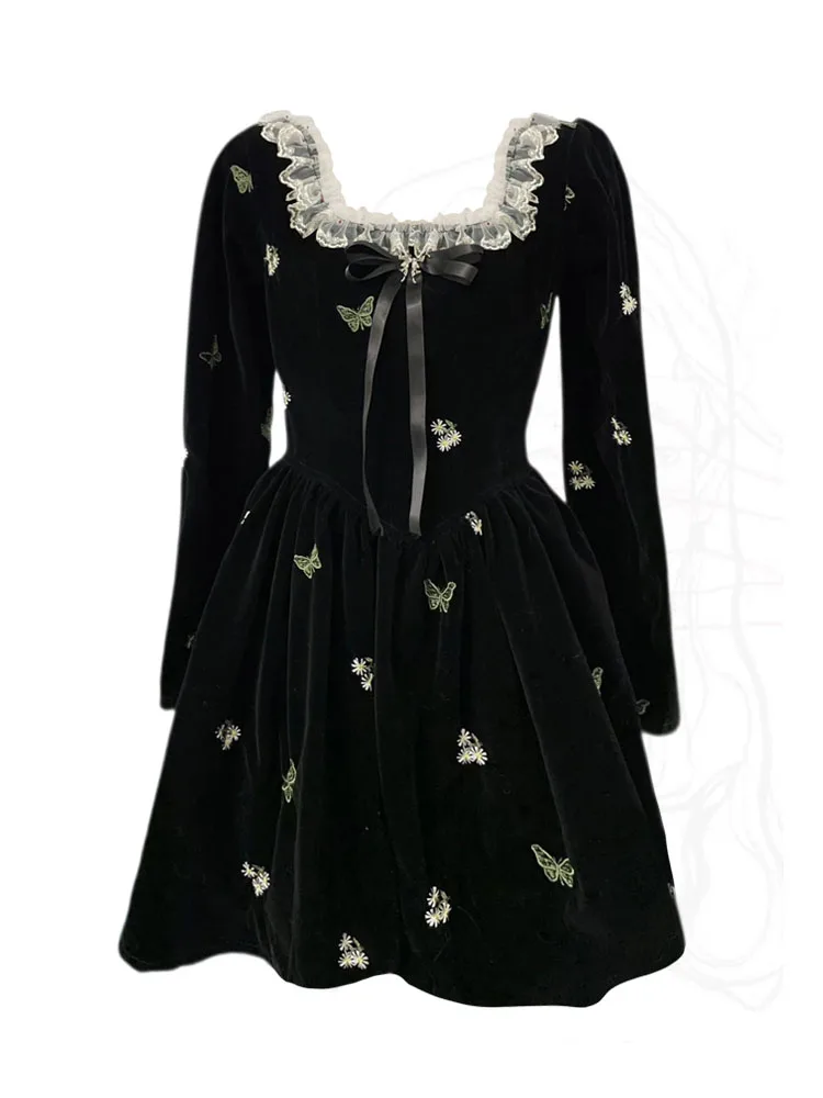 French Elegance Lace Square Collar A-Line Dress Fashion Japanese Embroidery Bufferfly One-Piece Frocks Black Sweet Basic Gothic