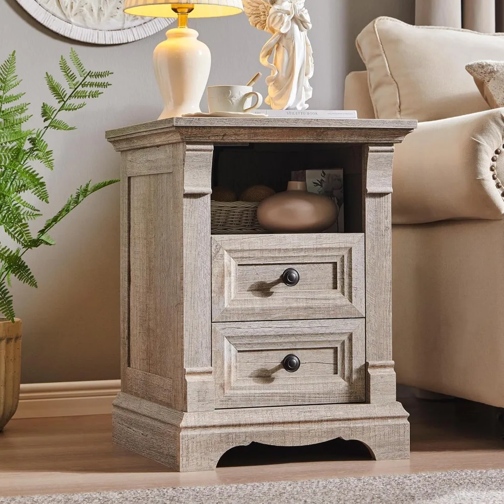 

Nightstand with Charging Station, End Table with 2 Drawers Storage and 1 Storage Shelf, Wooden Side Table w/Roman C