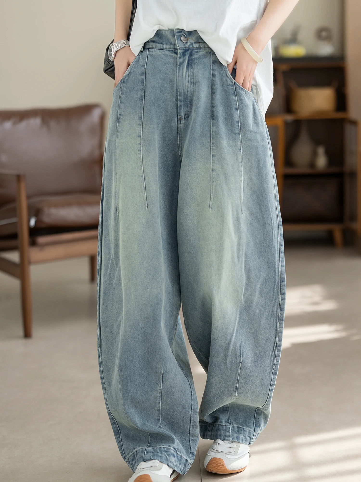 

High Waist Wide Leg Denim Jeans Women Loose Drapey Straight Slimming Casual Long Pants Vintage Wash Blue Cotton Casual Trousers