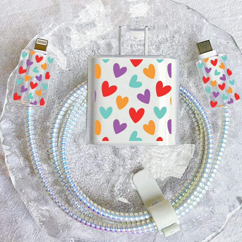 Colorful Love Pattern Charger Protective Case for IPhone 15 14 13 Pro Max 18/20W Charger&Charging Protector Data Wire Winder