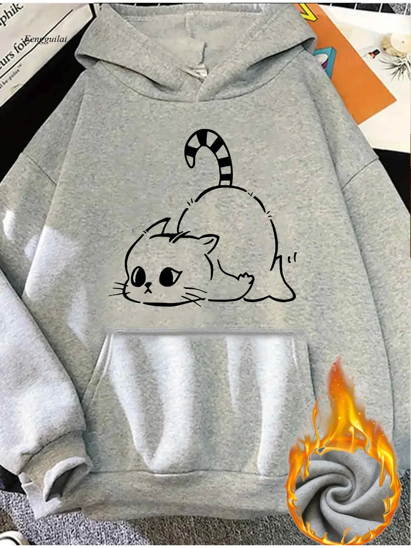 

Толстовка с капюшоном в стиле ретро с котом — милая толстовка с капюшоном в полоску с хвостом и карманом в виде кошки, коричневая с белым принтом котенка