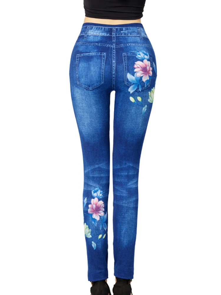 Leggings taille haute pour femmes, pantalon crayon, motif floral, jeggings extensibles, faux jeans, pantalons en denim push-up pour femmes