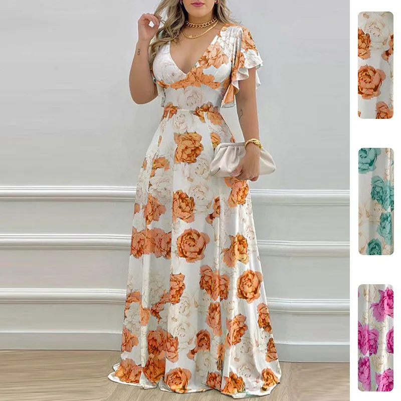 

2026 Summer New Women Sexy Waist Cinched Printed Swing Long Dress Soft Light Breathable Chic Daily Casual Beach Outdoor Holiday
