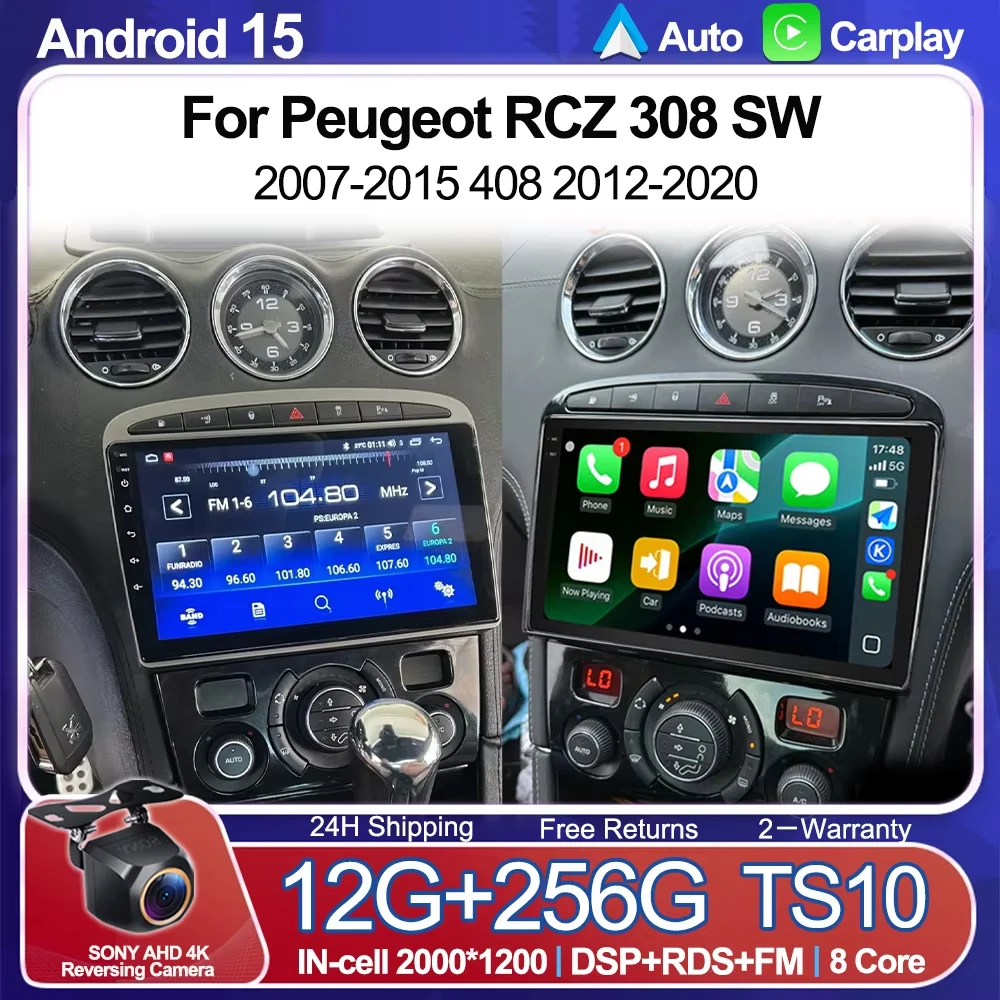 

CarPlay Andorid 15 Auto Car Radio For Peugeot RCZ 308 SW 2007-2015 408 2012-2020 Touch Screen Multimedia GPS 2Din Rradio WIFI 4G