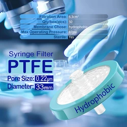 Sterile Syringe Filters,PTFE Membrane 0.22μm Pore Size,33mm Diameter,25/100 Pcs Individually Packed by Ks-Tek