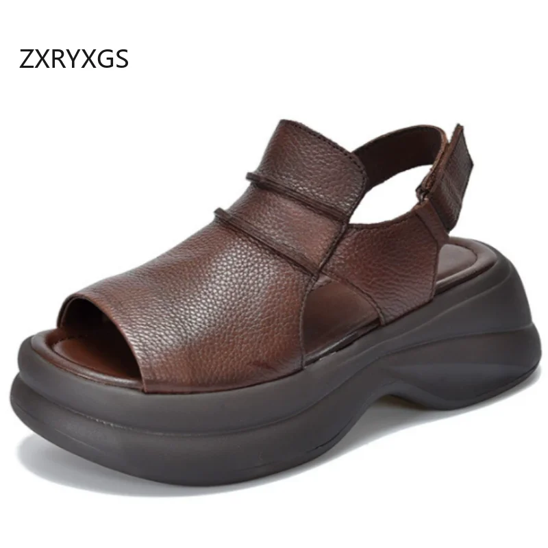 ZXRYXGS 2026 New Top Layer Cowhide Fish Mouth Sandals Thick Sole Increase Shoes High Heel Sandals Women Genuine Leather Sandals