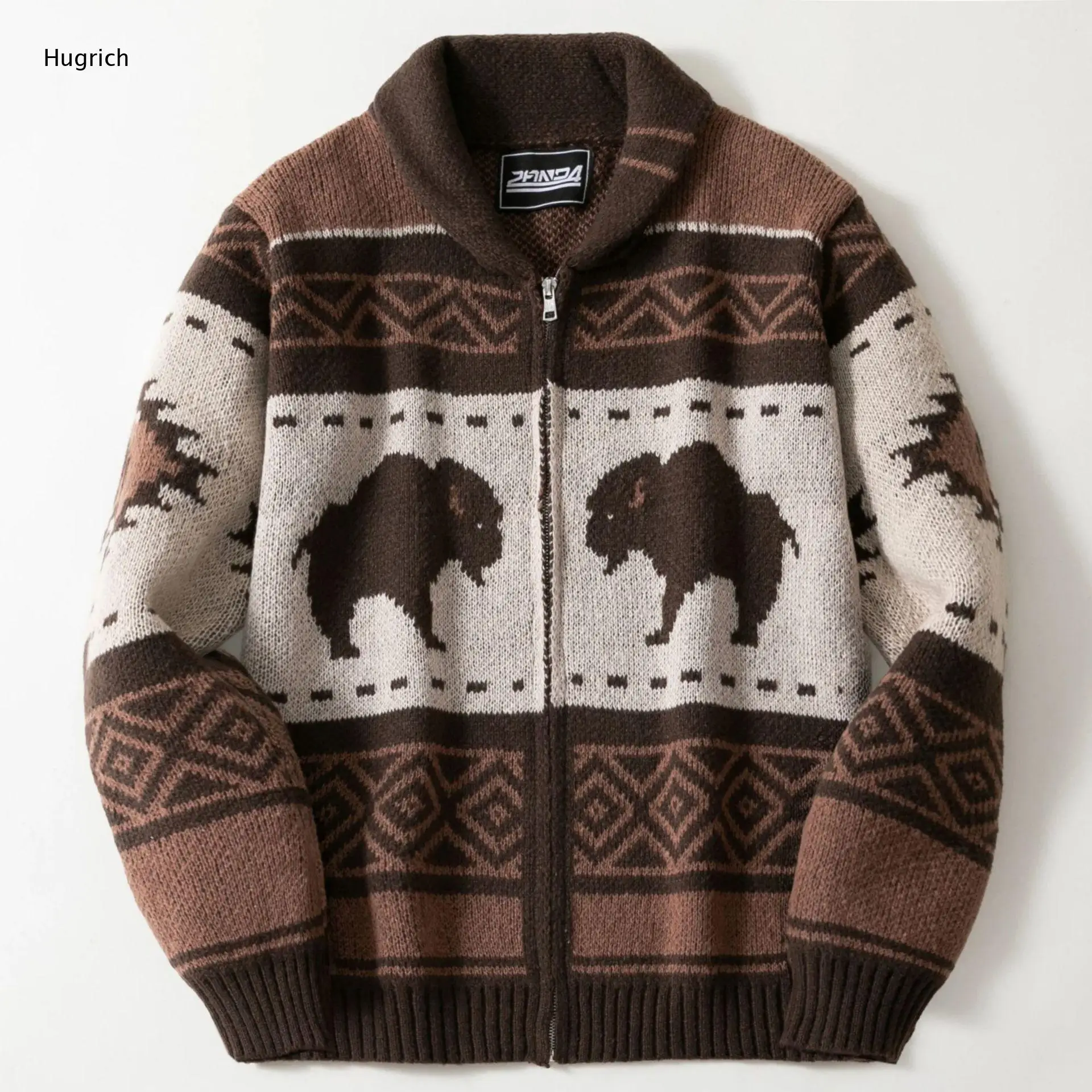 Men's Warm Buffalo Bison Jacquard Southwest Tribal Shawl Collar Full Zip Knit Cardigan