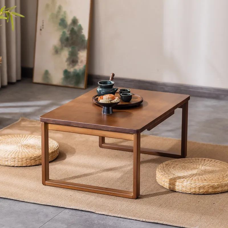 Foldable Bamboo Low Kang Table Bay Window Tea Desk with Drawer Chinese Coffee Table Multifunctional Household Tea Work Desk