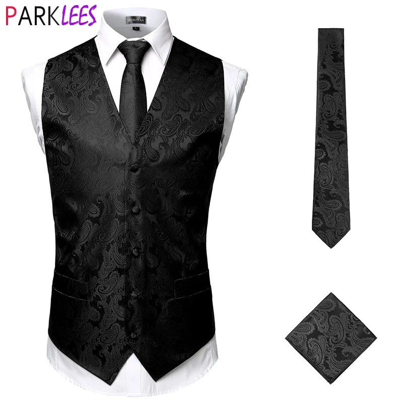 

Mens Black Paisley Tuxedo Suit Vest Classic 3pc Vest and Necktie Pocket Square Formal Dress Waistcoat for Suit Gilet Homme 3XL