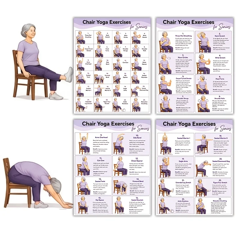 A4 Size 4pcs Gentle Chair Yoga Workout Guide for Elderly Chair Exercise Charts with 24 Daily Routines, Home Fitness Guide