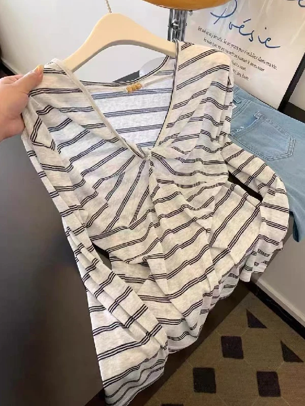 

plus Size Summer Striped Light Weight Sun Protection Loose Long Sleeve T-Shirt Backless Knot Women's Casual Korean Style Top