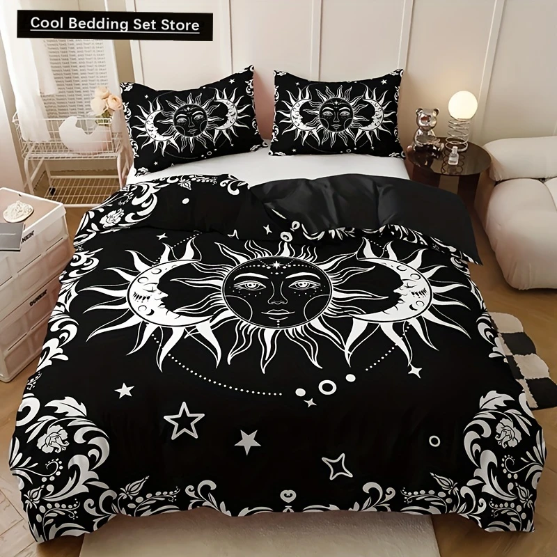 3pcs Black And White Sun And Moon Print Duvet Cover Set Includes 1 Duvet Cover And 2 Pillowcases (Core Not Included)