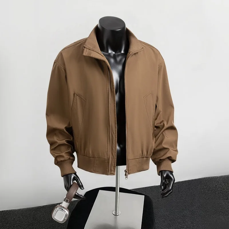 Autumn Stand Collar Jackets for Men Casual Solid Splice Hem Thread Cargo Pilot Coats Windproof Double Zippers Retro Short Jacket