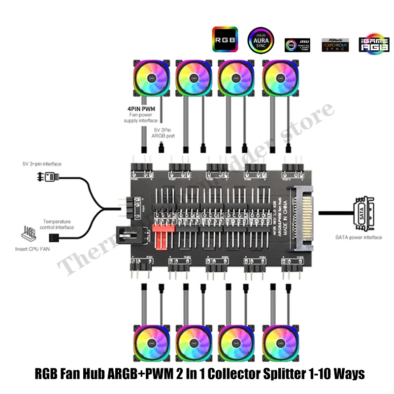 Ventilador RGB Hub ARGB + PWM 2 en 1, divisor de colector de 1-10 vías, compatible con MB 5V, 3 pines AURA SYNC, tira de luz LED SATA, Enfriador de ventilador de PC RGB