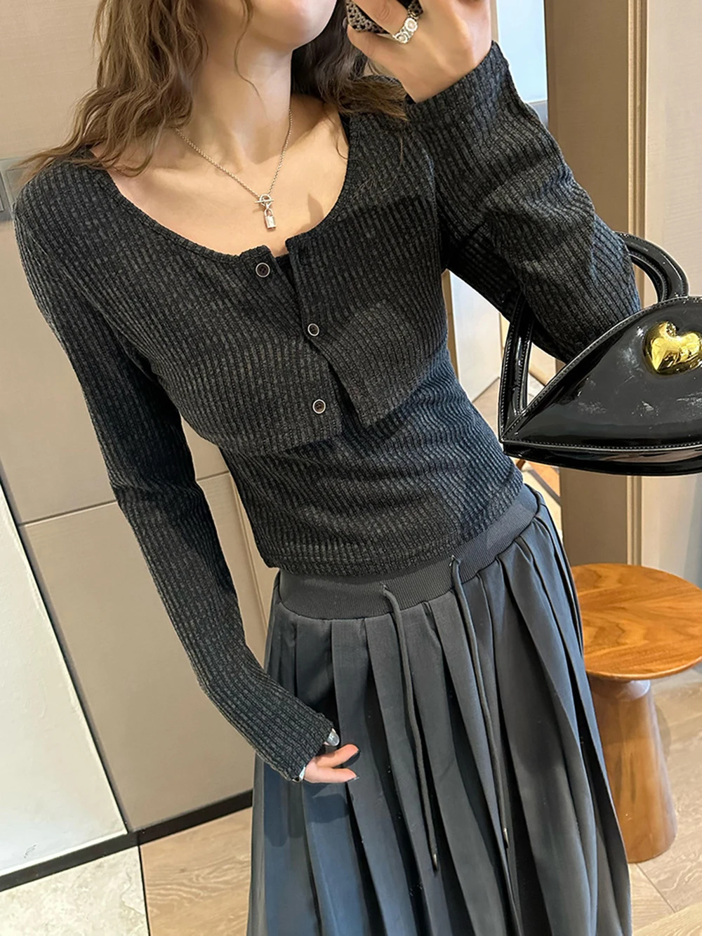 Slim Fit Two-Piece Set Women's Knitted Sweater Set Spring Autumn Fashion Straps Tank+Single Breasted Long Sleeve Short Cardigan