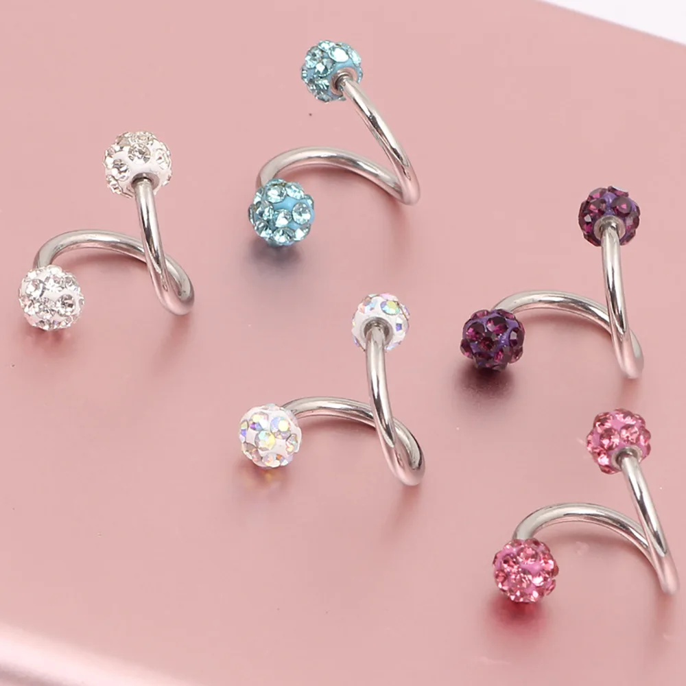 1PCS Stainless Steel Crystal Twist Helix Earring Cartilage Jewelry S Shape Labret Piercing Lip Ring Twist Tragus Earring Stud