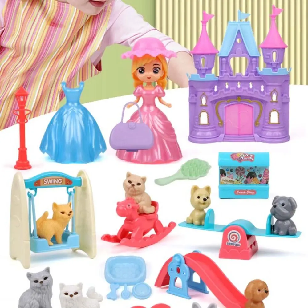 ชุดของเล่นสุนัขจิ๋วคุณภาพสูงน่ารัก พร้อมกรงสุนัขจำลอง ของเล่นเสริมพัฒนาการด้านการมองเห็น เฟอร์นิเจอร์ของเล่นสุนัข