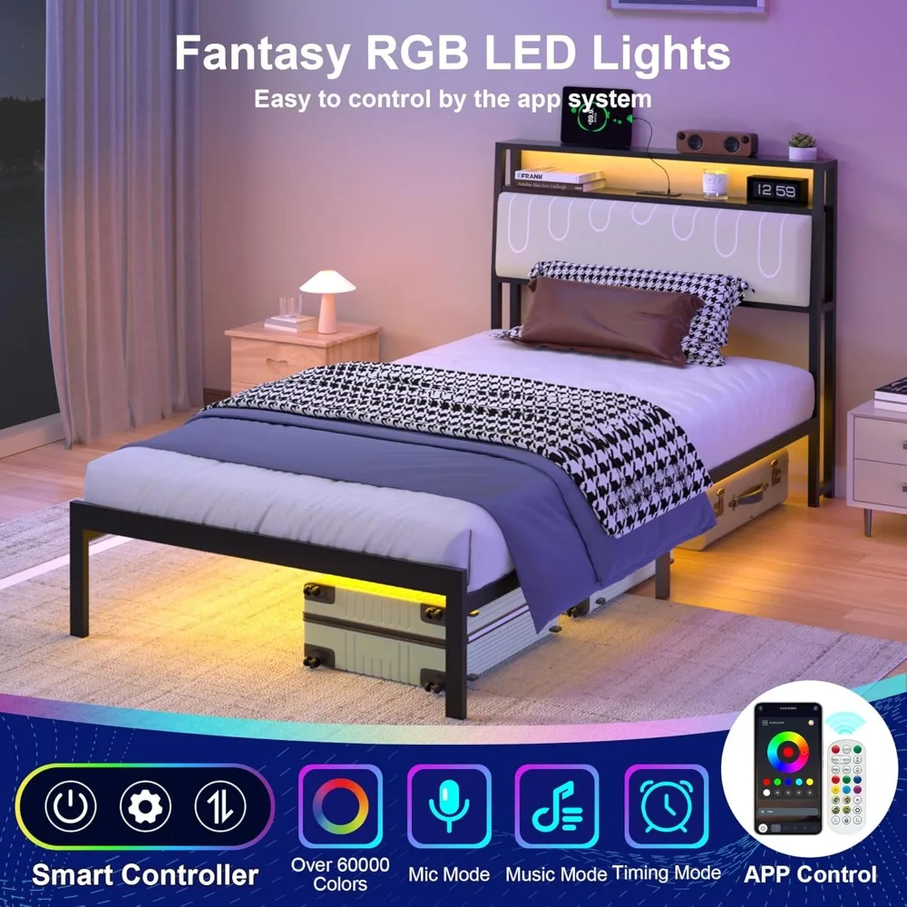 إطار سرير معدني مزدوج الحجم مع لوح رأسي، وإضاءة LED ومحطة شحن، لا يتطلب صندوق زنبركي، وتجميع هادئ وبسيط