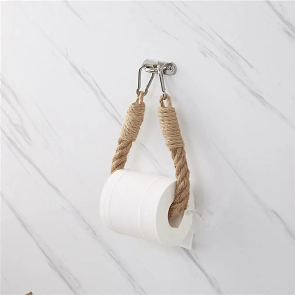 Nail-free Paper Towel Holders Rack Bathroom Towel Hook Toilet Paper Holder Towel Rack Beige Hemp Color