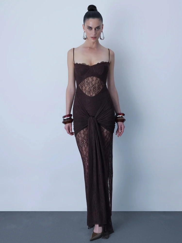 Sexy Sleeveless Spaghetti Strap Draped Long Dress Women Brown Elegant Floral Lace Ruched Bodycon Celebrity Evening Party Dresses