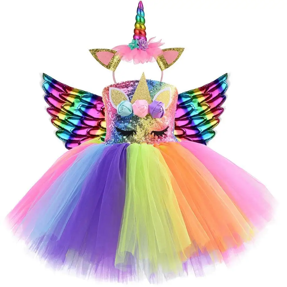 

Sequins Rainbow Unicorn Costumes for Girls Christmas Halloween Fancy Tutu Dress for Kids Birthday Party Outfit with Horns Wings