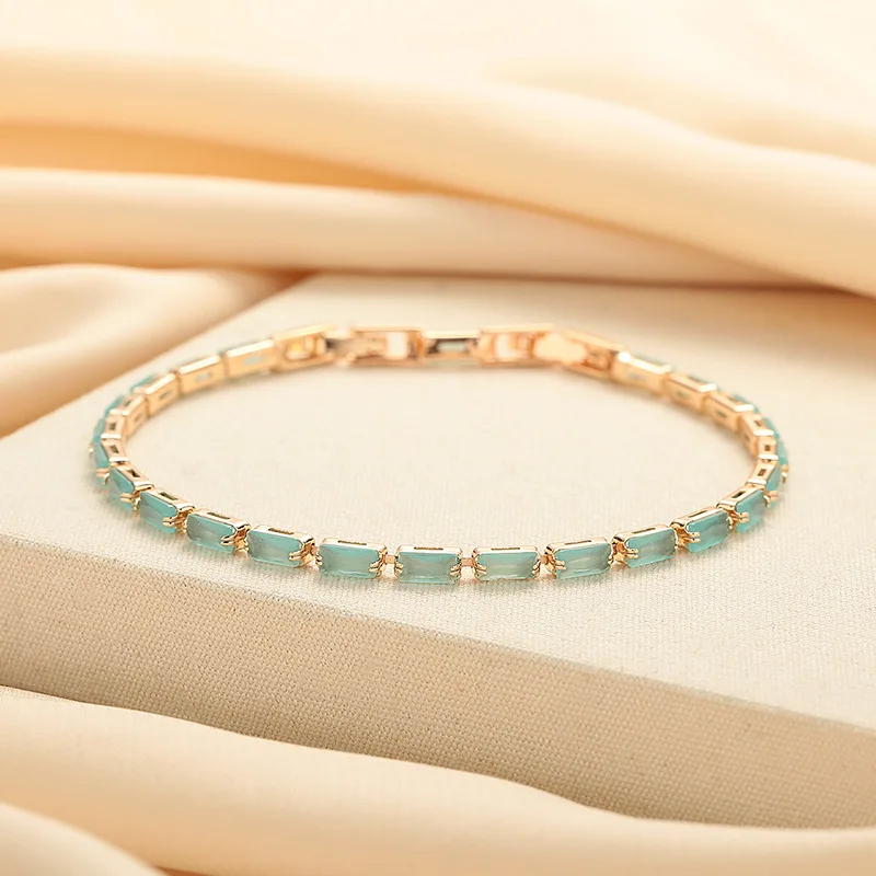 Sweet Romantic Octagon Link Bracelet Platinum Plated Matte Mint Glass Stone for Women Anniversary Gift Elegant Fashion Jewelry