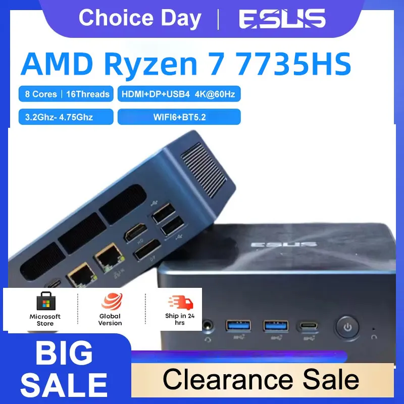 ESUS 게이머 데스크탑 게이밍 PC 컴퓨터, 미니 포켓 PC, AMD Ryzen 7735HS, DDR5, RJ45, 1000M, WiFi6, BT5.2, Win10, 11, 신제품