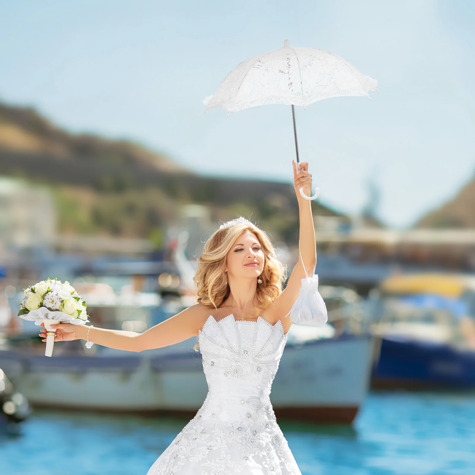 مظلة من الدانتيل لحفلات الزفاف، مظلة بيضاء أنيقة عتيقة لحفلات الزفاف وحفلات الشاي وحفلات استقبال المولود الجديد #1